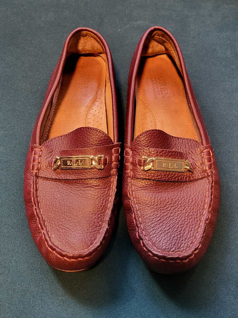 Ralph Lauren Women's Burgundy Leather Penny Loafers with Gold Plaque